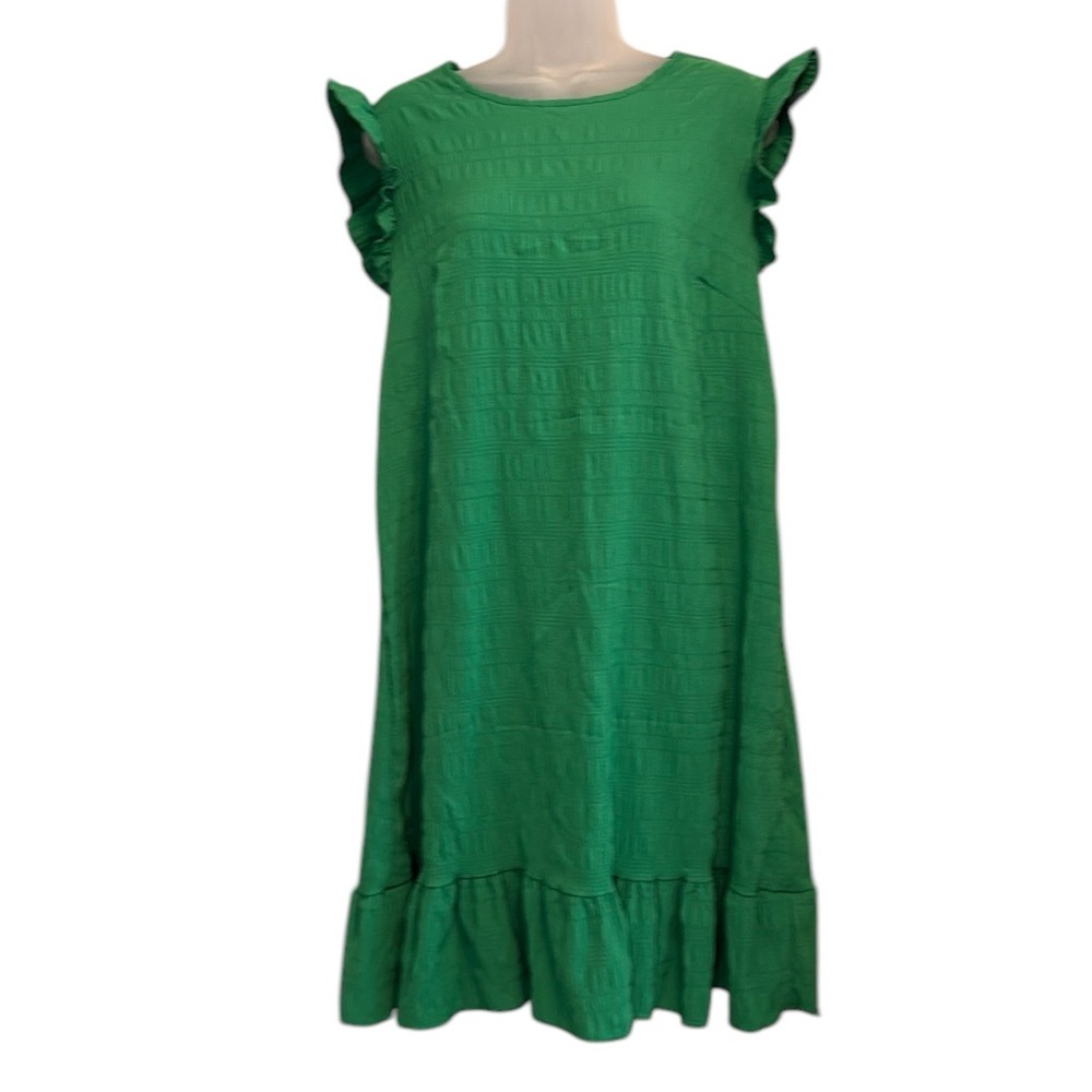 Green puff ruffle flutter short sleeve women’s flowy dress round neck plus size
